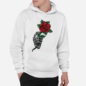 Skeleton Hand Holding A Red Rose Flower Cool Aesthetic Hoodie | Crazezy