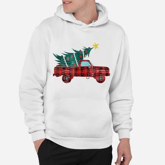 Vintage Red Truck Merry Christmas Tree Red Buffalo Plaid Hoodie | Crazezy CA