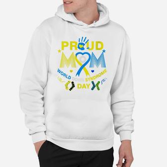 Womens Proud Mom Ribbon Yellow Blue Heart Down Syndrome Day Trisomy Hoodie | Crazezy CA