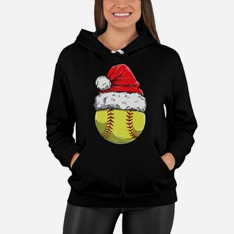 Christmas Softball Ball Santa Hat Funny Sport Xmas Girls Women Hoodie | Crazezy CA