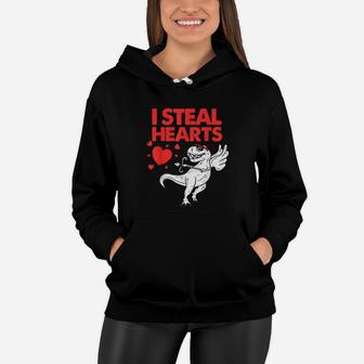 Cute Cupid Trex Dinosaur Boys Valentines Day I Steal Hearts Women Hoodie - Monsterry