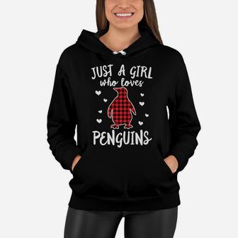 Just A Girl Who Loves Penguins Buffalo Plaid Christmas Gift Women Hoodie | Crazezy UK
