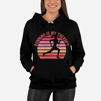 Womens Running Is My Therapy Girl Runner Retro Sunset Funny Women Hoodie | Crazezy AU
