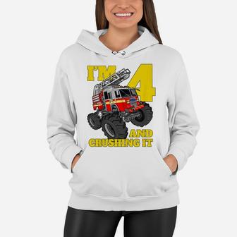 Kids Monster Fire Truck 4Th Shirt Birthday Boy 4 Firefighter Gift Women Hoodie | Crazezy UK