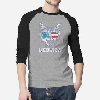 Funny Patriotic USA American Flag Meowica Cool Cat Raglan Baseball Shirt - Seseable