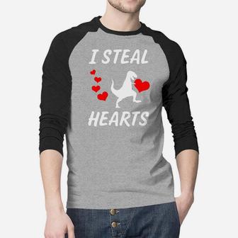 I Steal Hearts Funny Boys Valentines Day Trex Dino Raglan Baseball Shirt - Seseable