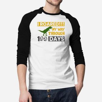 I Roaded My Way Through 100 Days Cute Dinosaur Present Raglan Baseball Shirt - Seseable