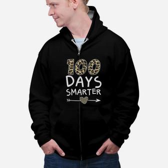 100 Days Smarter Leopard Plaid Happy 100th Day Of School Zip Up Hoodie - Seseable