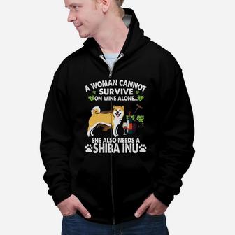 A Woman Cannot Survive On Wine Alone She Also Needs Shiba Inu Dog Zip Up Hoodie - Seseable