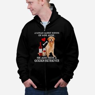 A Woman Cannot Survive Wine Alone Golden Retriever Dog Lovers Zip Up Hoodie - Seseable