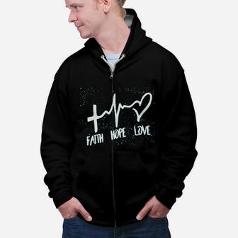 Faith Hope Love Graphic Heartbeat Gift Zip Up Hoodie - Seseable