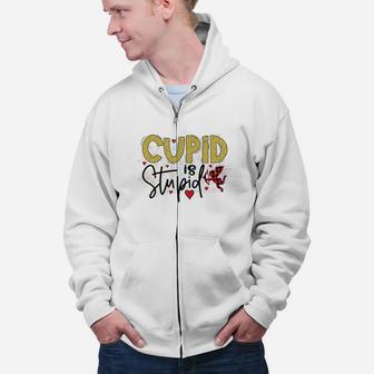 Cupid Is Stupid Valentine Red Plaid Present Zip Up Hoodie - Seseable