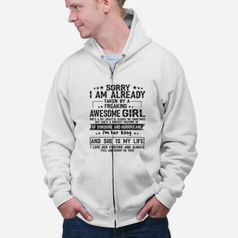 Sorry I Am Already Taken By A freaking Awesome Girl Gifts Birthday Zip Up Hoodie - Seseable
