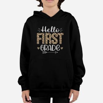 Hello First Grade 1st Grade Leopard Teacher Back To School Youth Hoodie - Seseable