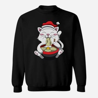 Anime Cat With Santa Hat, Cute Kitten Ramen Christmas Season Sweatshirt | Crazezy