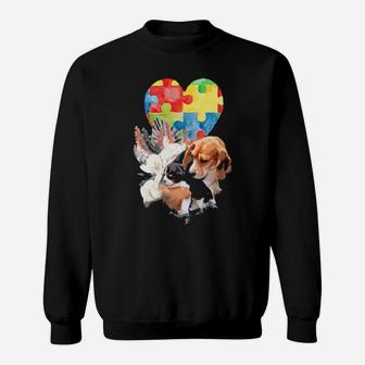 Autism Awareness Mommy Dog With Baby Puppy Puzzle Heart Love Sweatshirt - Monsterry