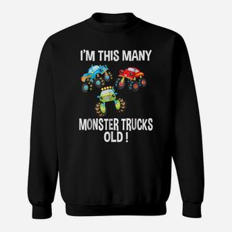 Birthday Shirt For Boys 3 I'm This Many Monster Trucks Old Sweatshirt | Crazezy UK