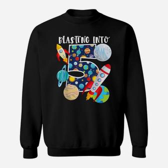Blasting Into Outer Space 5 Year Old 5Th Birthday Party Kids Sweatshirt | Crazezy DE