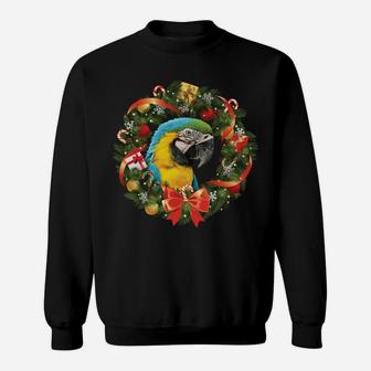 Blue & Gold Macaw Parrot Christmas Wreath Sweatshirt Sweatshirt | Crazezy
