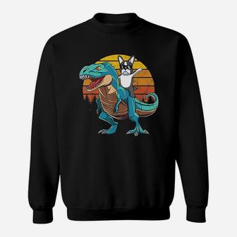 Boston Terrier Dog Riding Dinosaur T Rex Boys Sweatshirt | Crazezy DE