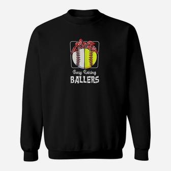 Busy Raising Ballers Softball Funny Baseball Mom Sport Sweatshirt | Crazezy