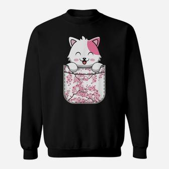 Cat Anime Kawaii Neko Cherry Blossom Sakura Flower Pocket Sweatshirt | Crazezy UK