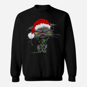 Cat Christmas Lights Grumpy Bored Cat Santa Hat Funny Catmas Sweatshirt | Crazezy