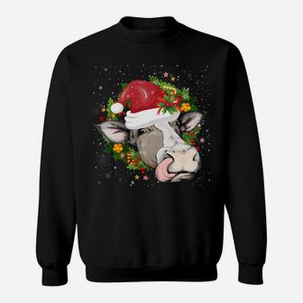 Christmas Cow Head Wreath Cow Wearing Santa Hat Funny Sweatshirt Sweatshirt | Crazezy CA