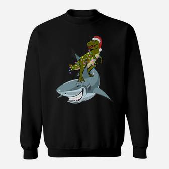 Christmas T-Rex With Xmas Lights Rinding A Shark Gift Funny Sweatshirt Sweatshirt | Crazezy CA