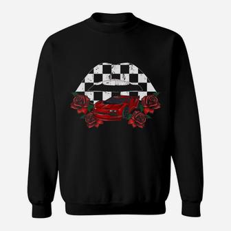 Cool Checkered Lips Kiss Red Rose Flower Car Racing Party Sweatshirt | Crazezy UK