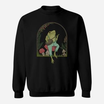 Cottagecore Aesthetic Frog Playing Banjo On Mushroom Cute Sweatshirt Sweatshirt | Crazezy