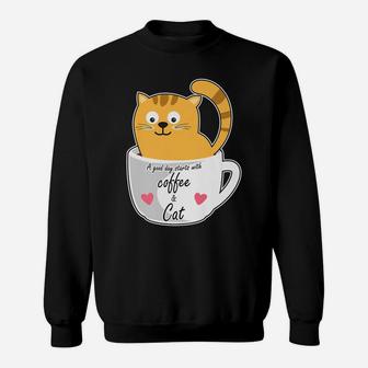 Cute Smiling Coffee Cat Funny Caffeine Lovers Sweatshirt | Crazezy DE