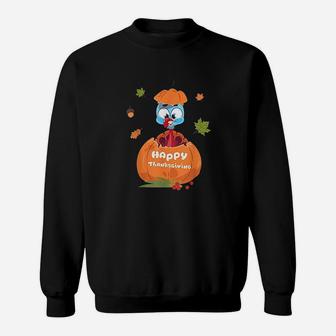 Cute Turkey Pilgrim In Pumpkin Thanksgiving Kids Sweatshirt | Crazezy