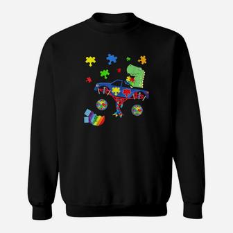 Dinosaur Monster Truck Autism Awareness Puzzle Sweatshirt - Monsterry