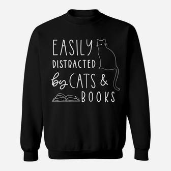 Easily Distracted Cats And Books Funny Gift For Cat Lovers Zip Hoodie Sweatshirt | Crazezy