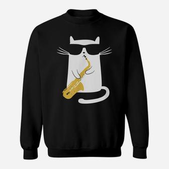 Funny Cat Wearing Sunglasses Playing Saxophone Gift Sweatshirt | Crazezy DE