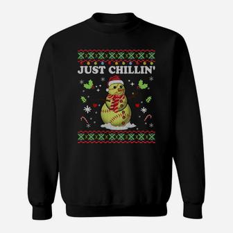 Funny Chillin' Snowman Softball Ball Ugly Christmas Sweater Sweatshirt Sweatshirt | Crazezy AU