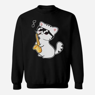 Funny Cool Cat Wearing Sunglasses Playing Saxophone Day Gift Sweatshirt | Crazezy UK