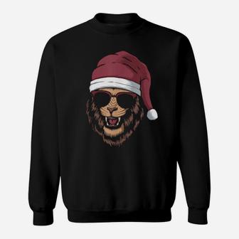 Funny Cool Lion Wearing Sunglasses And Santa Hat Sweatshirt - Monsterry