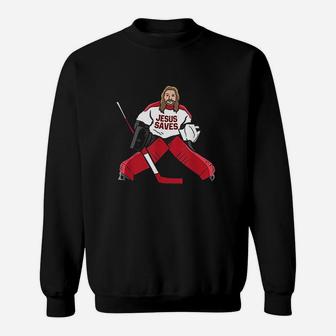 Funny Hockey Jesus Saves Hockey Goalie Sweatshirt | Crazezy