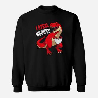 Funny I Steal Hearts Dino Dinosaur T Rex Valentines Day Boys Sweatshirt - Monsterry