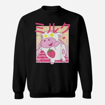 Funny Japanese Kawaai Cow Strawberry Milk Shake Retro 90S Sweatshirt | Crazezy DE