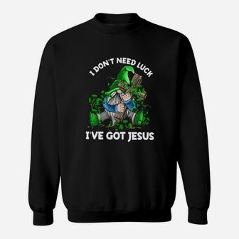 Gnome Hug Cross I Dont Need Luck Ive Got Jesus St Patricks Day Sweatshirt - Monsterry