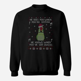 He Sees You When You're Eating He Knows When You've Got Snacks Ugly Xmas Sweatshirt - Monsterry