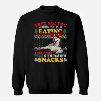 Husky Ugly Christmas They See You're Eating Xmas Gift Sweatshirt | Crazezy