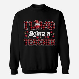 I Love Being Teacher Red Plaid Hearts Gnome Valentine's Day Sweatshirt | Crazezy