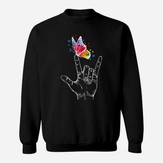 I Love You Hand Sign Language Butterfly Autism Awareness Sweatshirt | Crazezy