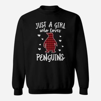 Just A Girl Who Loves Penguins Buffalo Plaid Christmas Gift Sweatshirt | Crazezy CA