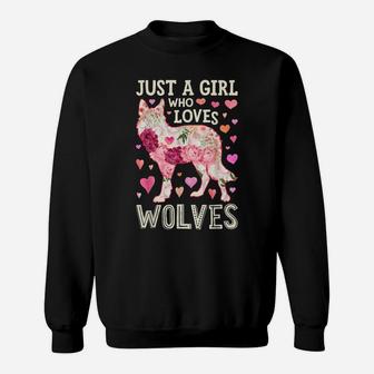 Just A Girl Who Loves Wolves Funny Wolf Silhouette Flower Sweatshirt | Crazezy CA