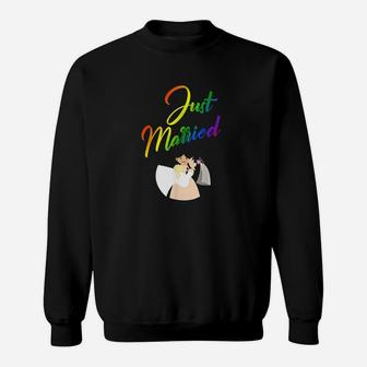 Just Married Double Bride Couple Rainbow Color Print Sweatshirt | Crazezy